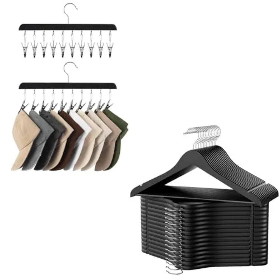 

Hat Rack and Black Wooden Hangers 30 Pack