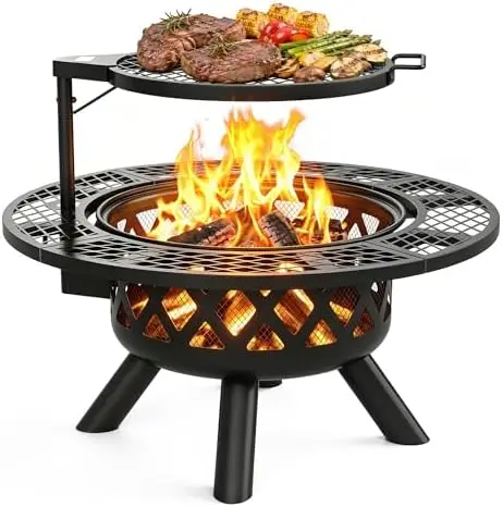 BALI OUTDO Fire Pit with Poker, 32 inch Outdoor Fire Pit Patio, Wood Burning Firts for Outside with Grill | 32 inch