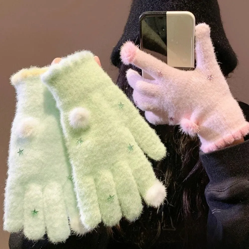Korean Style Warm Knitted Gloves Cold Protection Candy Color Full Fingers Mittens Soft Touch-screen Girls Winter Gloves Skiing