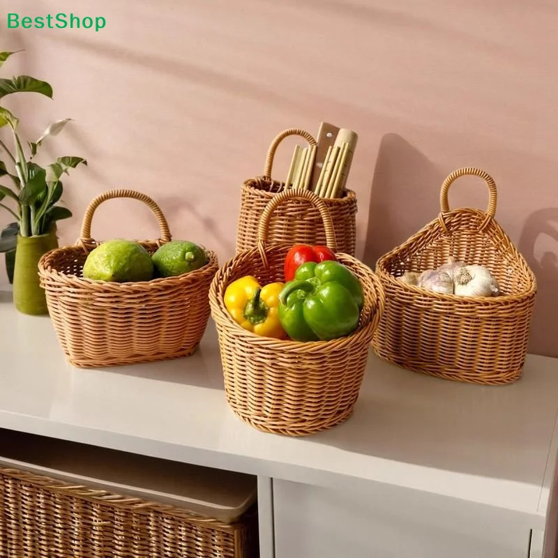 〔Q〕Wall Hanging Basket Boho Style Hand-Woven Hanging Storage Baskets Kitchen Ginger Garlic Scallion Egg Fruit Storage Box