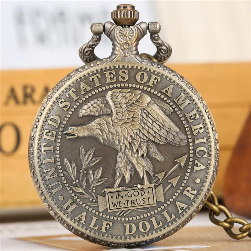 Antique Quartz Analog Pocket Watch The United States of America 1877 Morgan Half Dollar Coins Cover Pendant Necklace Chain Gift