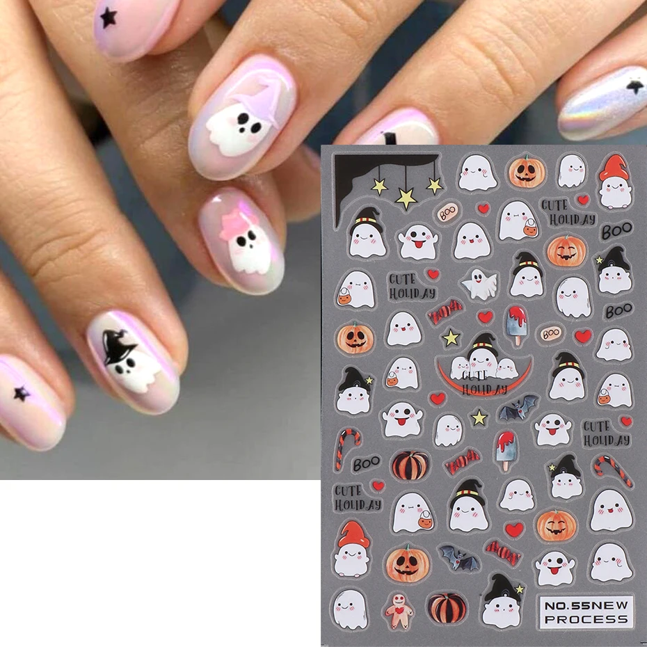 3D Halloween Ghost Skull Nail Art Stickers Cute Pumpkin Spider Web Design Adhesive Cartoon Nail Decals Sliders Decor Manicure