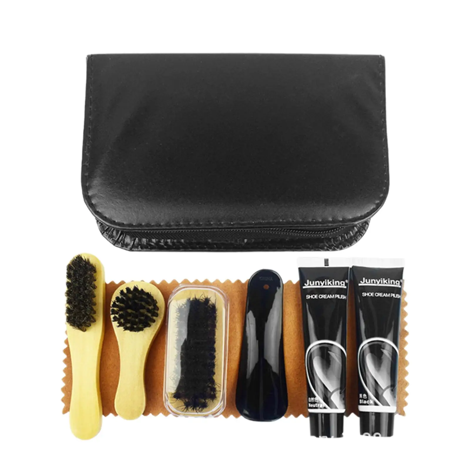 Shoe Care Cleaning Kit Professional 8 Piece Set with Brushes Cloth Shoehorn Neutral and Black Cream for Leather