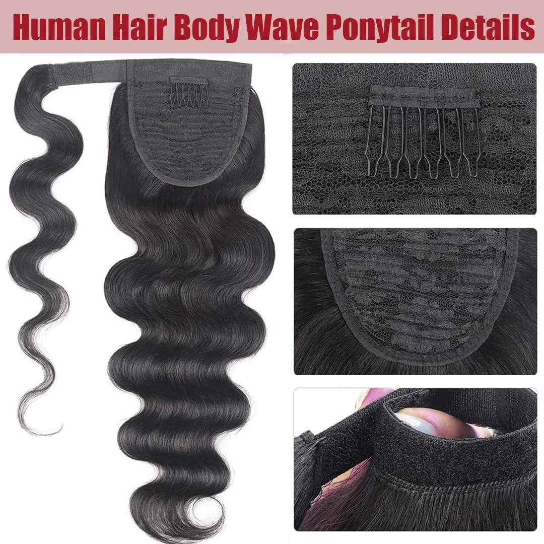 Body Wave Ponytail Extensions with Magic Paste Wrap Around Body Wave Human Hair Ponytails Extension for Women Natural Color #1B