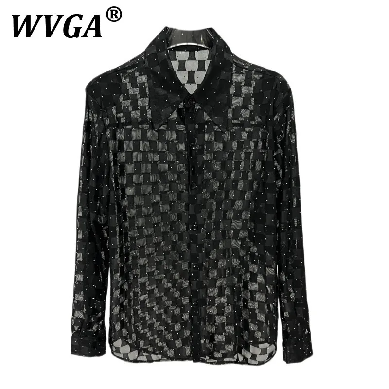 

WVGA Spring Summer New Man High Street See-Through Checkerboard Diamond Long Sleeve Shirt Sunproof Niche Chic Casual Shirt W8624