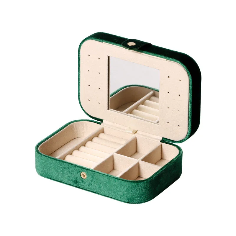 Green Velvet Jewelry Storage Box Portable Travel Jewelry Organizer Box with Mirror Dustproof Earrings Necklace Ring Storage Case