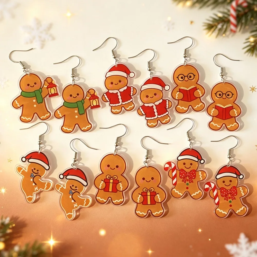 Christmas Gingerbread Man Acrylic Dangle Earrings 2D Flat Cute Cookie Figure Hook Earrings Xmas Holiday Party Jewelry Gift