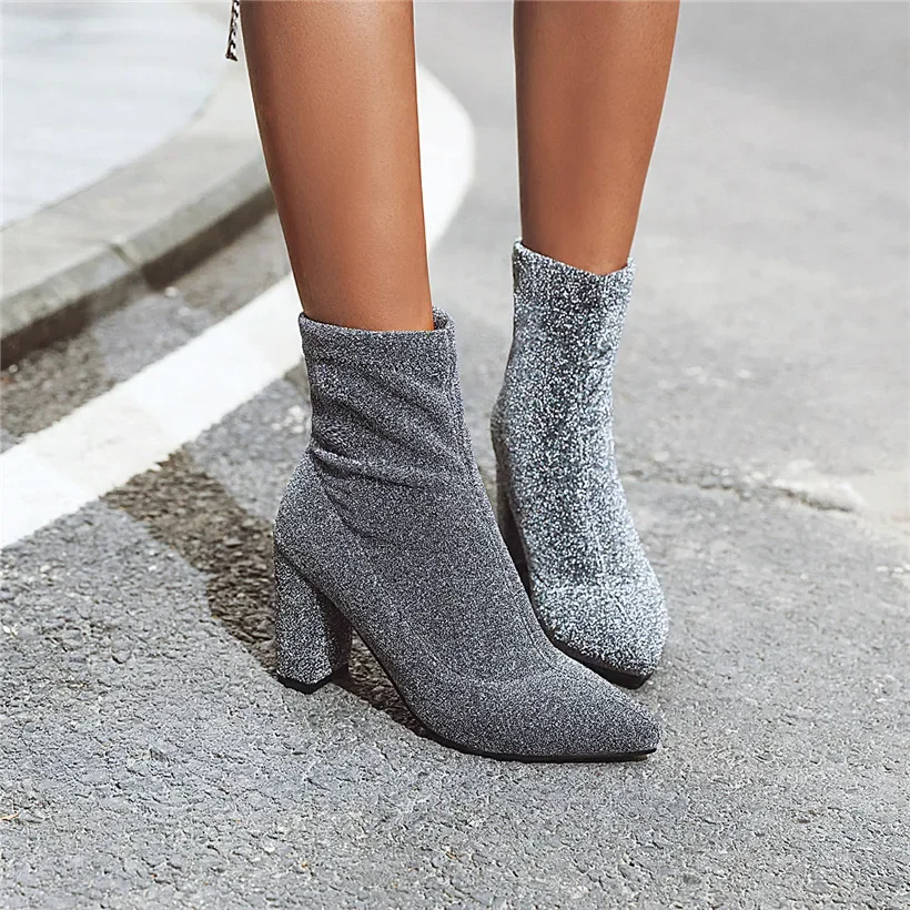 Plus Size Autumn Winter Ankle Boots Women Pointed Toe High Block Heel Silver Leopard Casual Lady Stretch Fabric Short Sock Boots