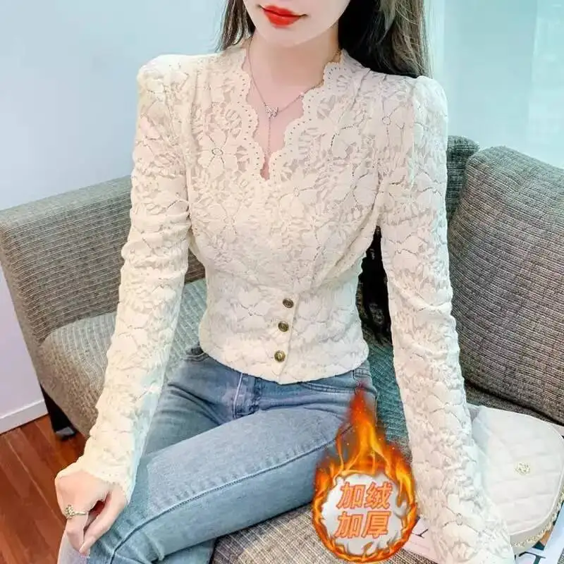 Veet base de renda com decote em V engrossado para mulheres com design de nicho camisa curta de manga comprida e top moderno
