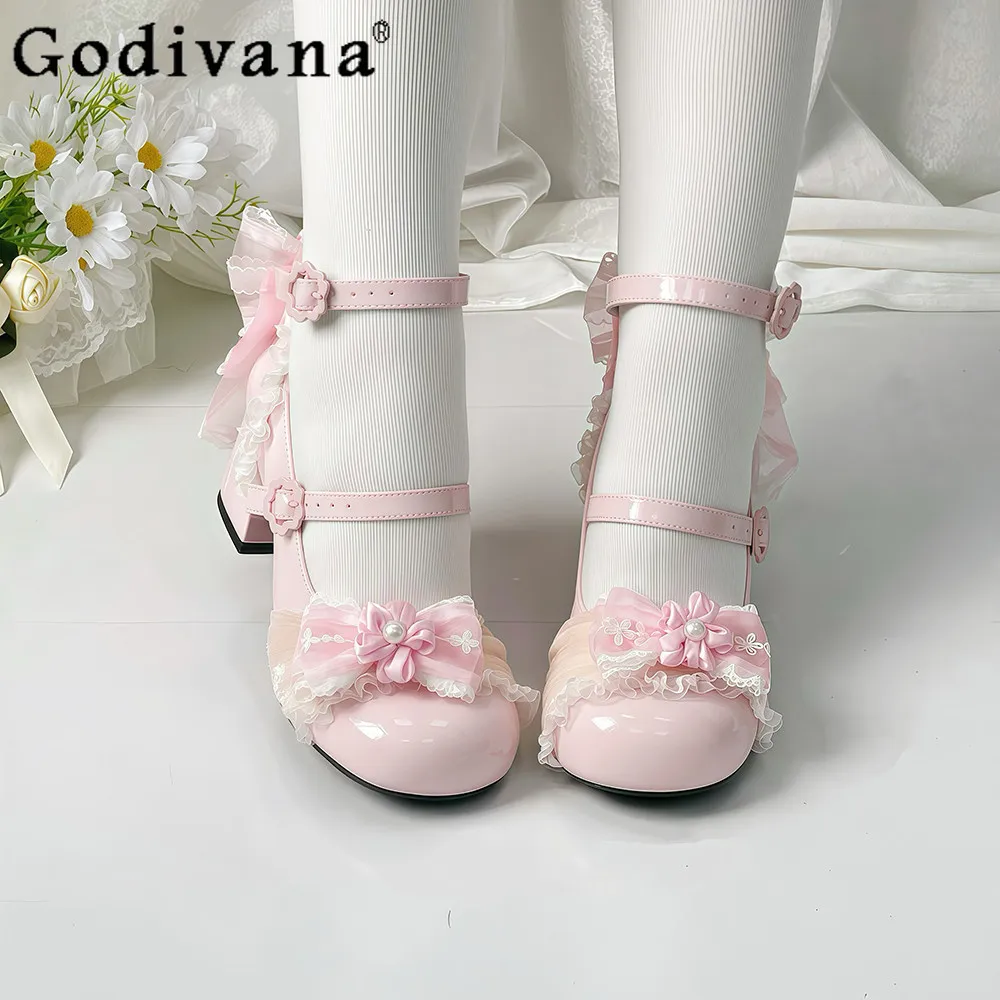 

Japanese Girl's Lolita Pink Mary Jane Shoes Spring and Summer Princess Style Cute Bow Lace Stitching Lo High Heels Lolita Pumps