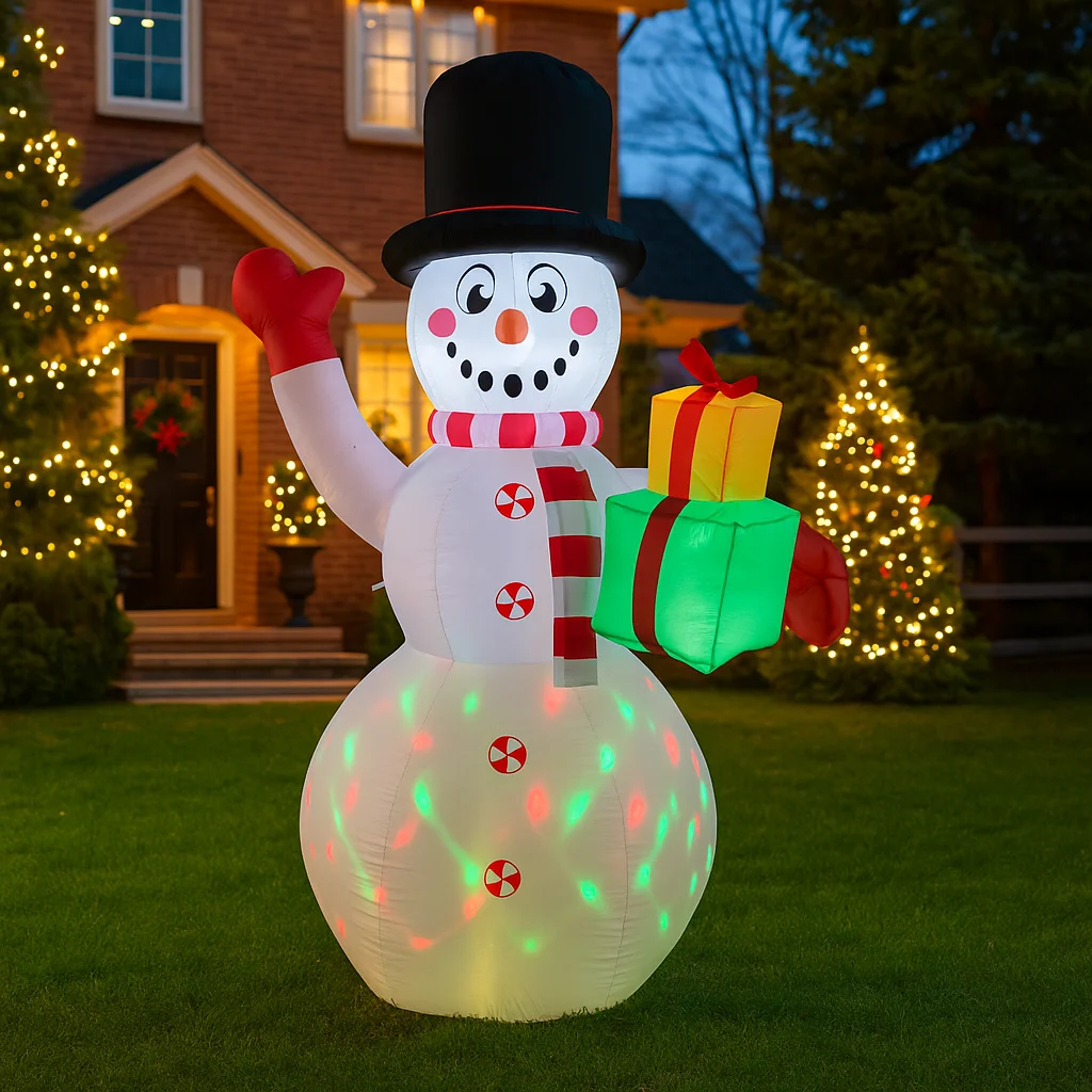ตุ๊กตาหิมะเป่าลมขนาด 6.8 ฟุต สำหรับตกแต่งคริสต์มาส ถือของขวัญและของเล่น ตกแต่งบ้านและสวน พร้อมไฟ LED ของตกแต่งคริสต์มาสกลางแจ้ง