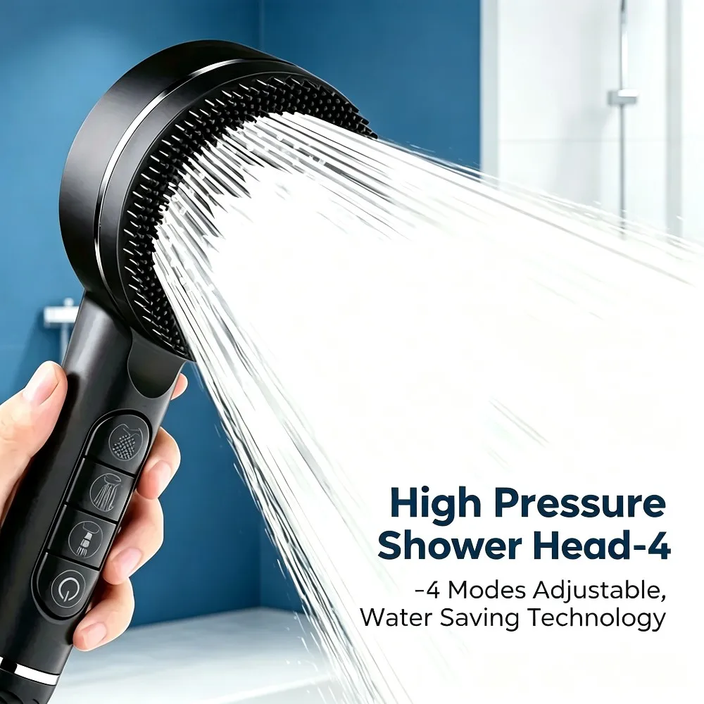 4 Modes Self-cleaning Shower Head with Silicone Brush One-Key Stop Water Massage High Pressure ABS Showerhead with Filter