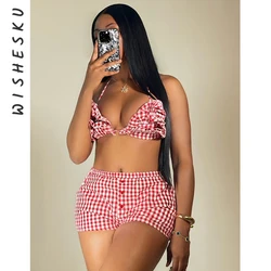 2 Piece Set Women Plaid Print Outfits Sexy Halter Lace Up Camisole Top+High Waist Buttons Shorts 2024 Summer Beach Y2K Clothes