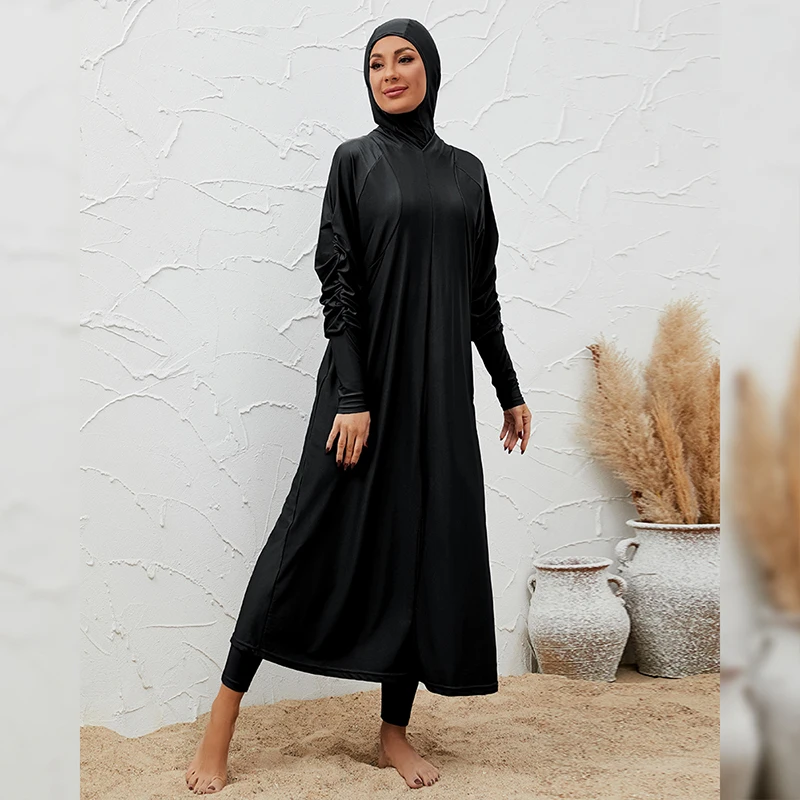 Costumi da bagno per Hijabis Nero a copertura totale Manica lunga Costumi da bagno musulmani Protezione solare Burkini 3 pezzi Set Burkini islamico