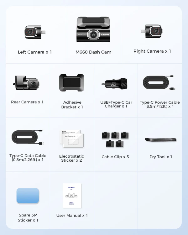 AZDOME Dashcam 4 canaux 4K pour voiture à 360 degrés avec eMMC 128 Go, 2,5K + 3 x 1080P, WiFi 5G avec commande vocale, vision nocturne IR avant et arrière et mode parking 6