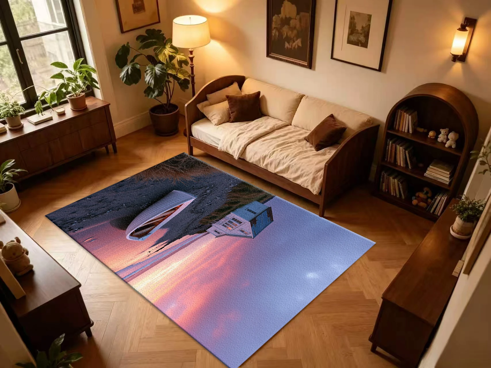 Coastal Sunset Seaside House Boat Landscape Carpet Flooring, Scenery Print Non-Slip Area Rug for Living Room Bedroom Home Floor Mat