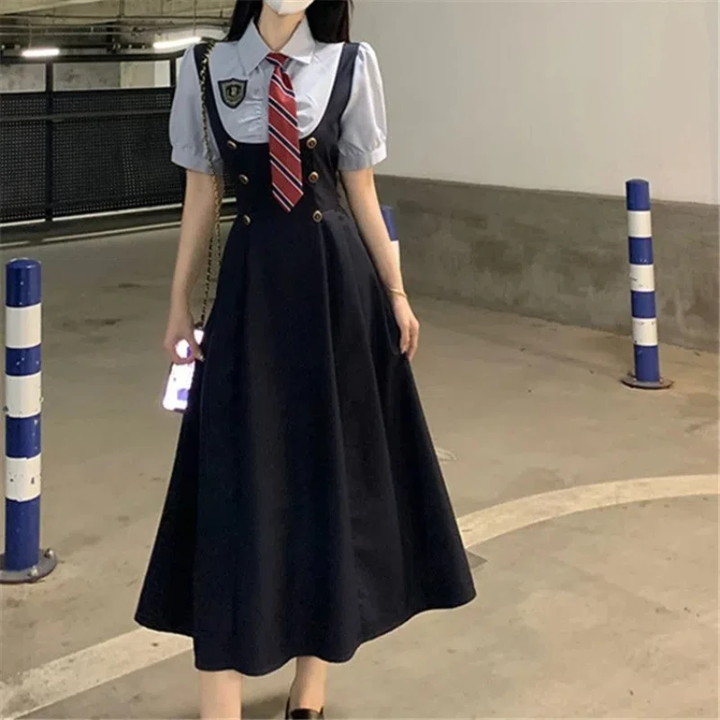 Japan JK Preppy Style Two Piece Dresses Set Fashion Summer New Women Badge Button Short Sleeve Shirt Skinny Strap Dress Suit