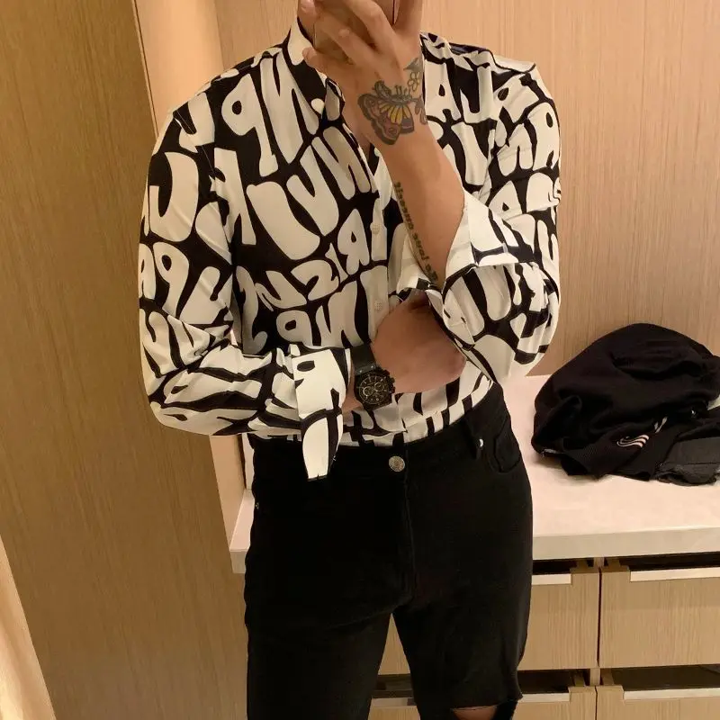 High-end Trend Streetwear Fun Letters English Printing Slim Handsome Comfortable Mash Up Men\'s Long Sleeved Shirt Autumn 2024