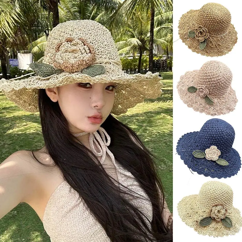 Summer Beach Straw Cap Stylish Hand-woven Flower Sun Hat with Wide Brim for Women Elegant Crochet Straw Cap with for Summer A0V7