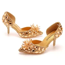 New Fashion Women Sandals PU 7.5CM Thin Heels Slip On Rhinestone Casual Woman Shoes Golden Women Dress Sandals Mature