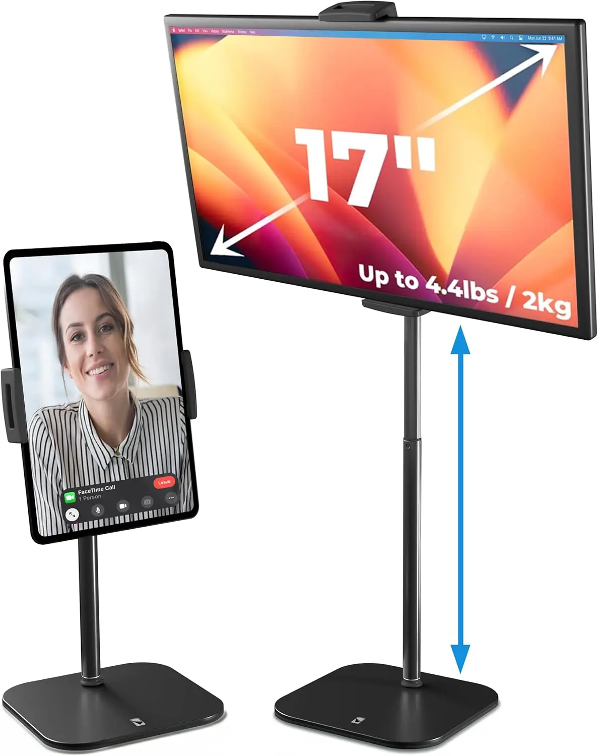 

20" Tall Desk iPad Stand, Portable 17" Monitor Holder, 4.4lb Capacity, Tablet Mount for Apple/Samsung/Kindle/Fire(Night Black)