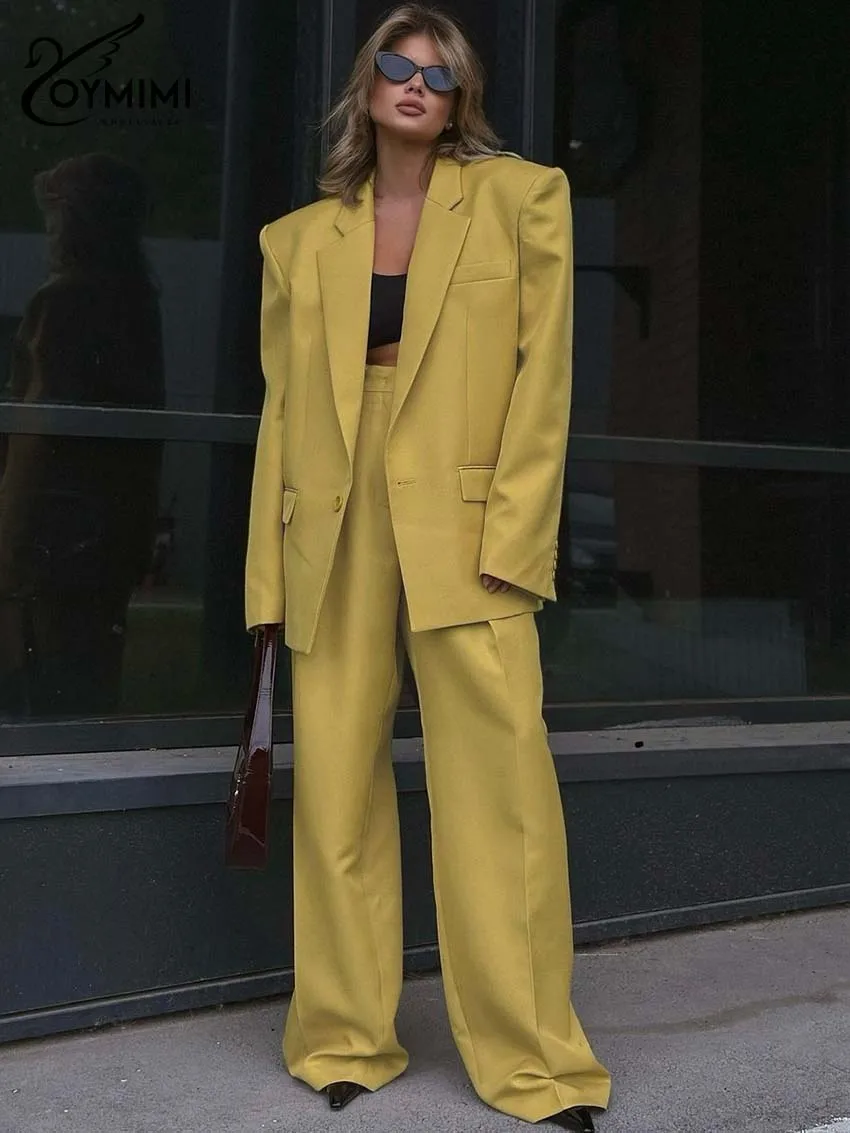 Oymimi Elegant Yellow Sets Womens 2 Piece Fashion Long Sleeve Pockets Single Button Blazers And Simple Straight Trousers Sets