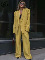 Oymimi Elegant Yellow Sets Womens 2 Piece Fashion Long Sleeve Pockets Single Button Blazers And Simple Straight Trousers Sets