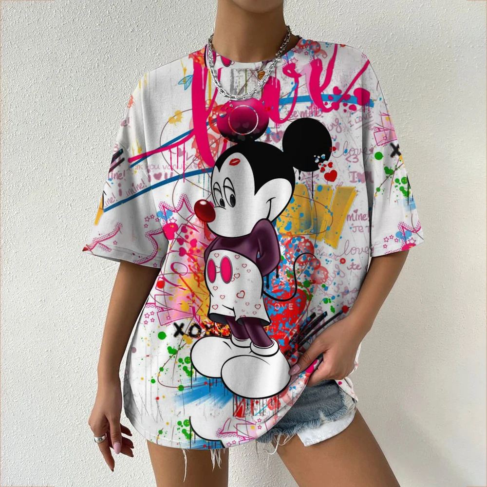 

Футболка с рисунком Микки Мауса Диснея, летняя женская повседневная футболка большого размера с рисунком граффити и красочными любовными элементами, футболка с принтом