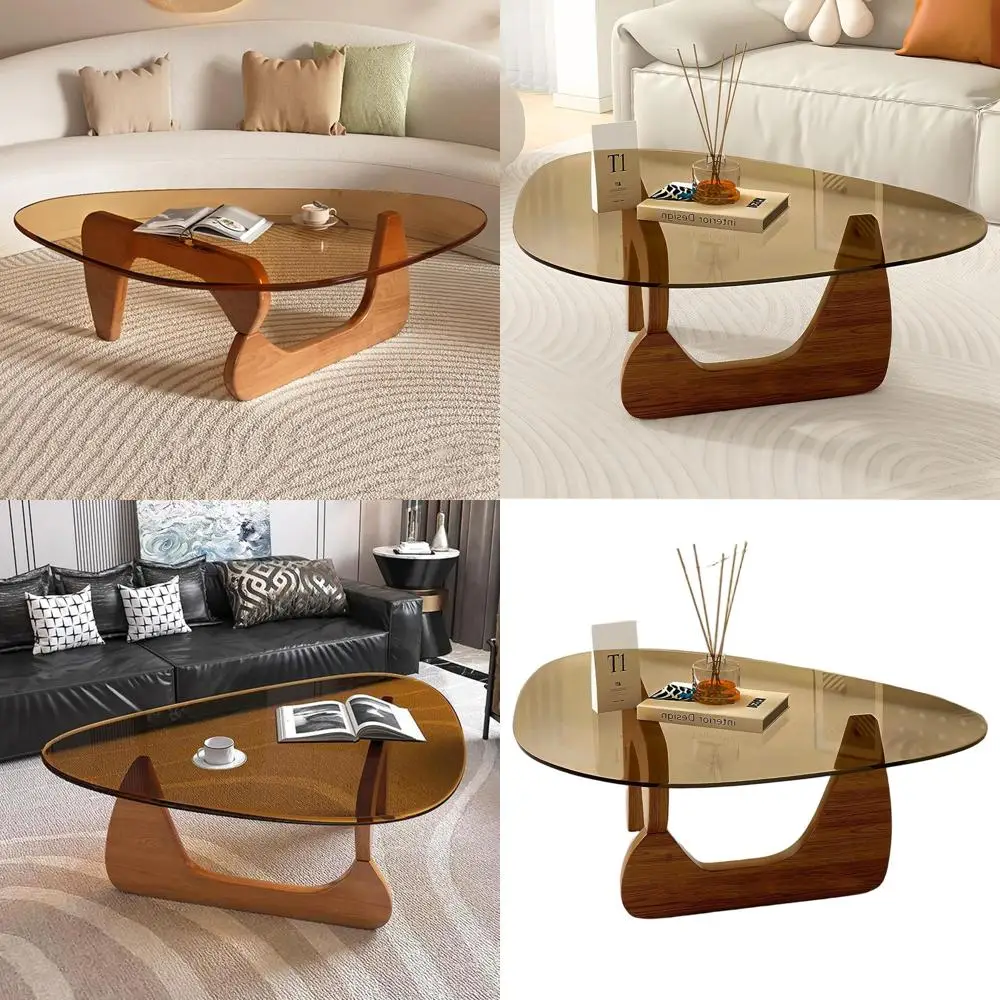 

Современный журнальный столик из закаленного стекла середины века, небольшая деревянная основа, акцент из коричневого ореха для гостиной и домашнего офиса