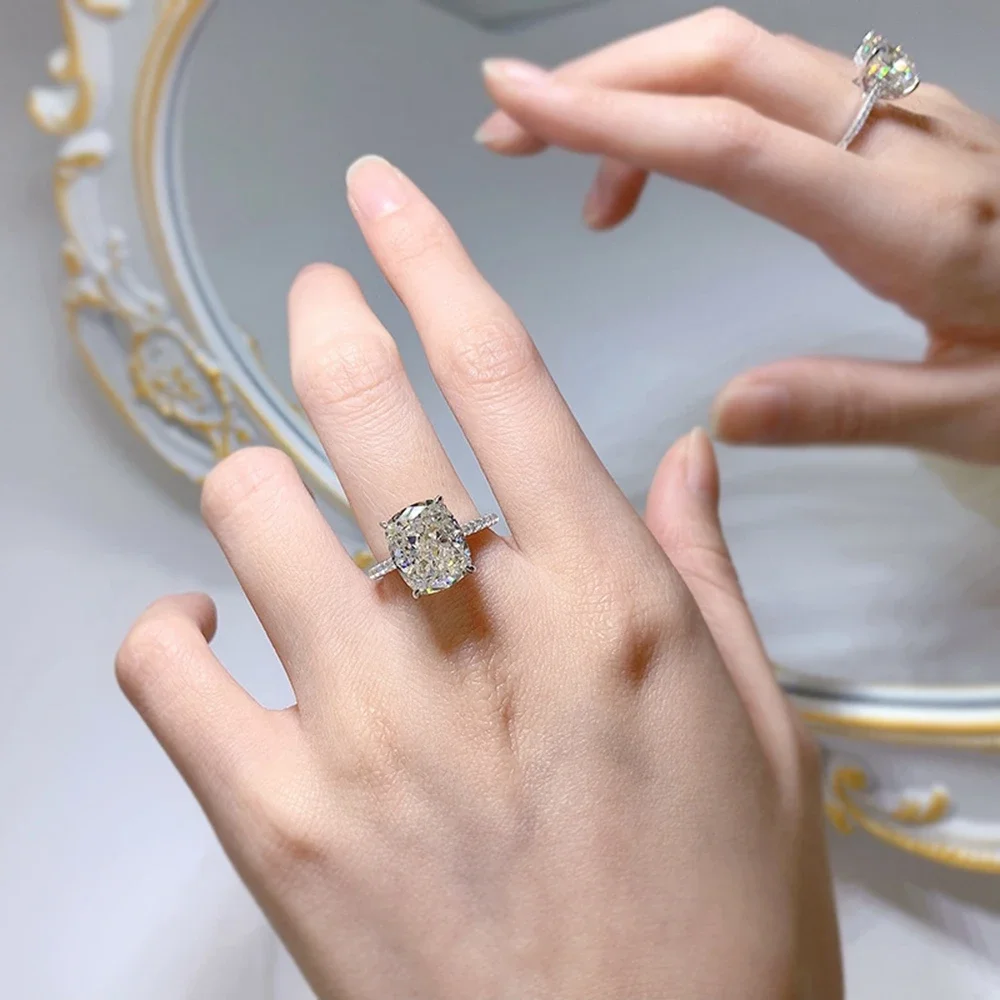 ELSIEUNEE Sparkling 925 Sterling Silver G Color 10*12MM Crushed Ice Cut High Carbon Diamond Engagement Wedding Ring Wholesale