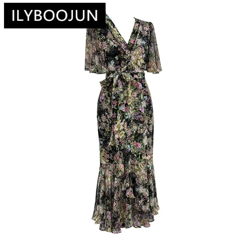 

ILYBOOJUN 2024 Summer High Quality Women Dress Bohemian Floral Print Lace Up Sashes Wrap Hip Ruffle Hem Fishtail Skirt Dresses