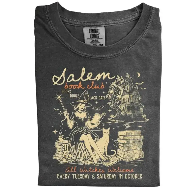 

Salem Book Club Ретро футболка для мужчин и женщин Высококачественная винтажная футболка из хлопка с короткими рукавами Модная футболка Мягкие дышащие топы