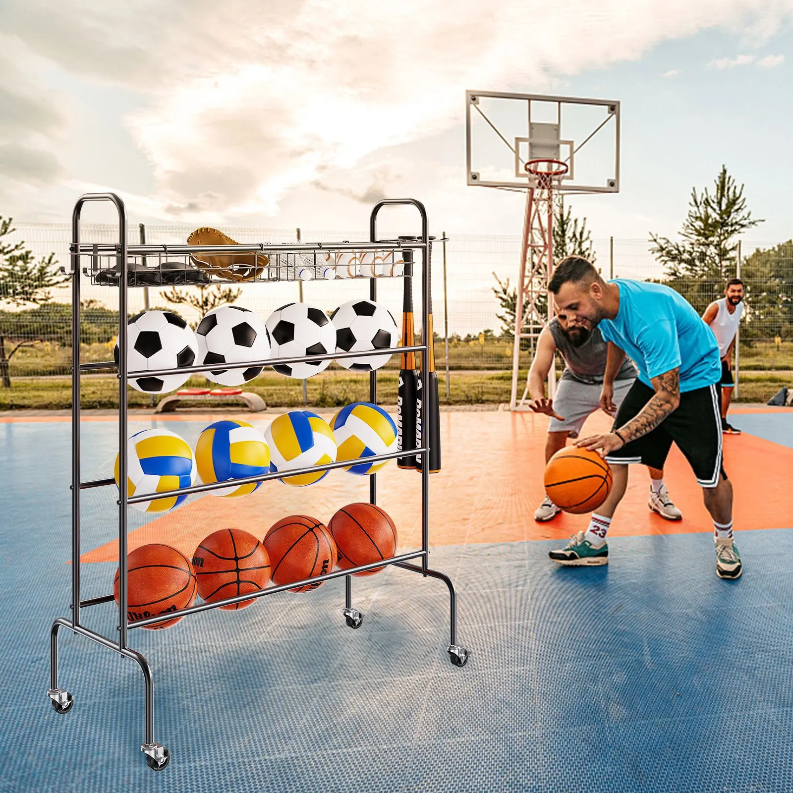 

Basketball Rack, 4-Layers Rolling Basketball Shooting Training Stand, Sports Equipment Storage Organizer with Wheels, Hooks a