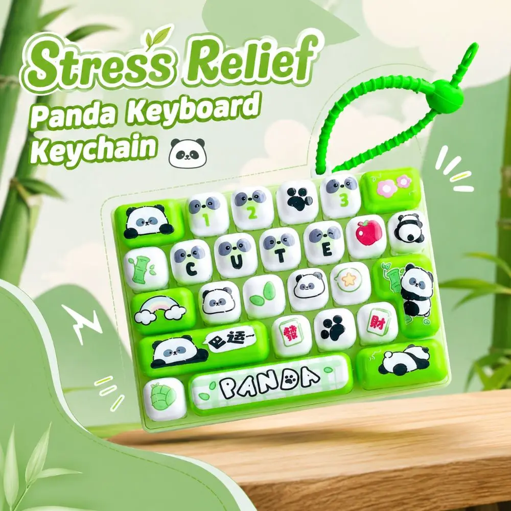 Cartoon Panda Stress Relief Keychain Key Button 26 Keys Keyboard Squeeze Stress Relief Green Bookbag Pendant
