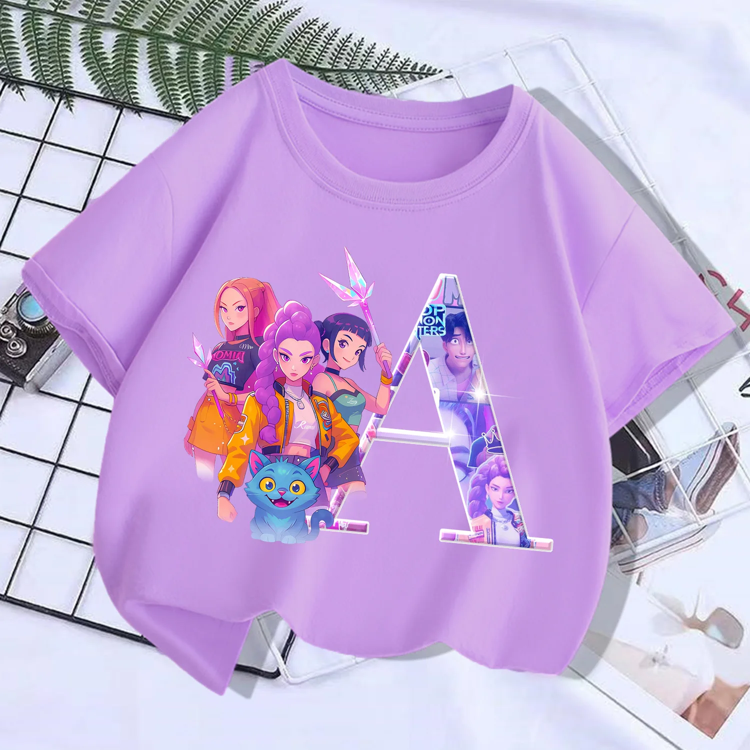 KPop Demon Hunters T-shirt for Children Cartoon A-Z Letters Tee Top Girls Purple Clothes Kids Short Sleeve Loose Clothing Gift