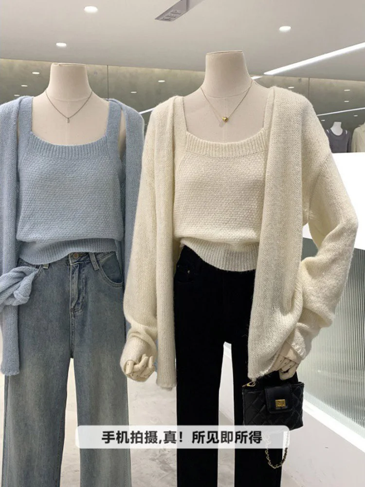 Knitted Cardigans + 2 Piece Women Sweater Camisole Cardigans Casual Solid Loose Open Stitch Sets Female Spaghetti Strap Vest