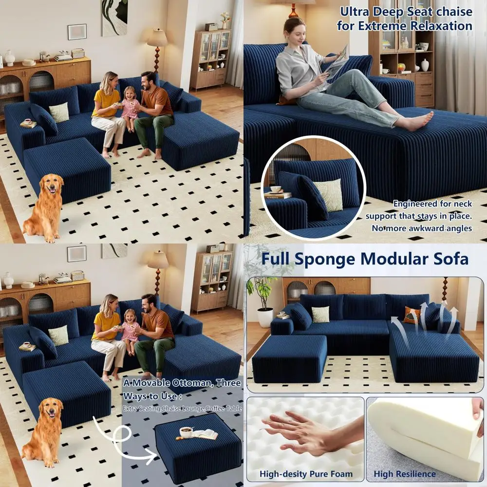 أريكة مقطعية حديثة مستوحاة من السحابة على شكل حرف U بثلاثة مقاعد مع مقاعد عميقة وعثمانية من نسيج سروال قصير