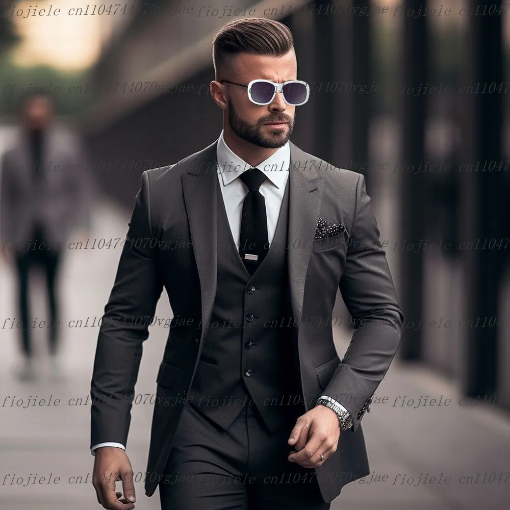 

Dark Grey Men Suit Formal Wedding Party Groom Groomsman Business Male Tuxedos Customized 3 Piece Set Jacket Vest Pants