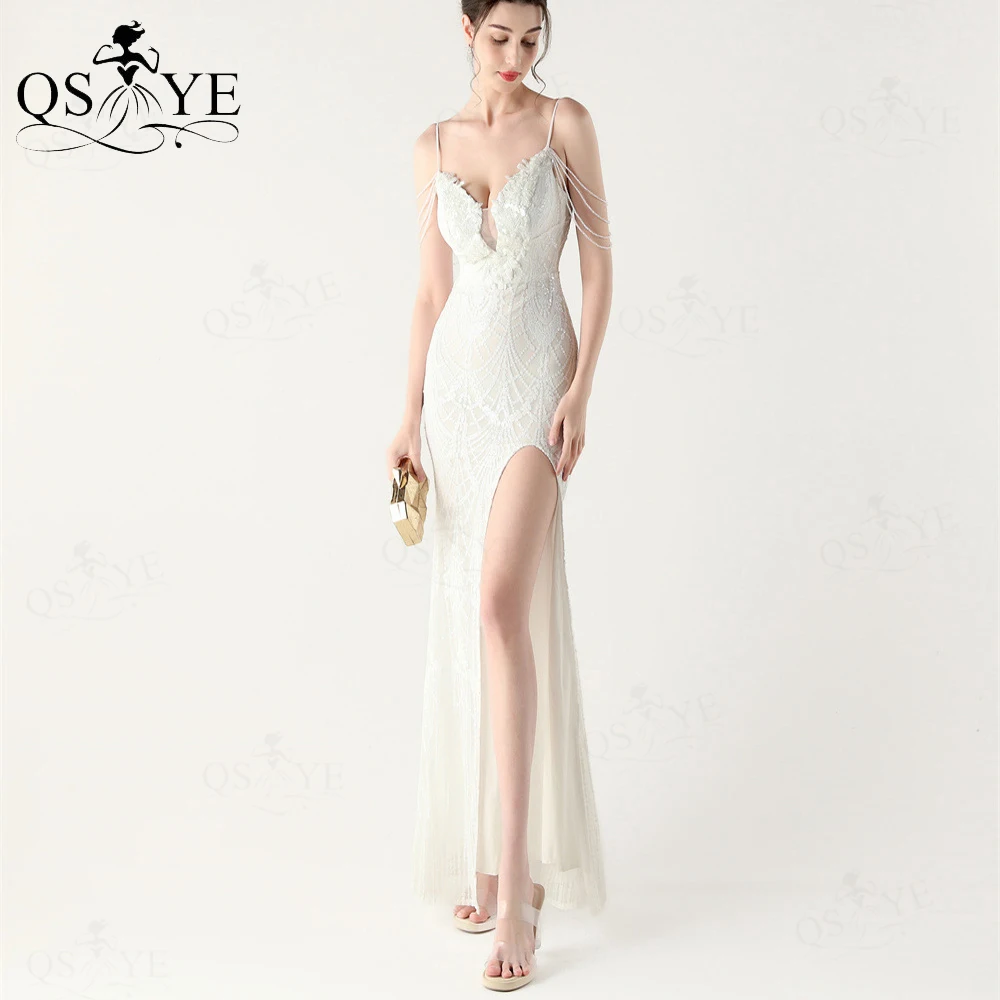 

Белые вечерние платья с блестками Кружевные аппликации из бисера на тонких бретельках Платье для выпускного вечера с разрезом Цветочный узор с пайетками Женское вечернее платье