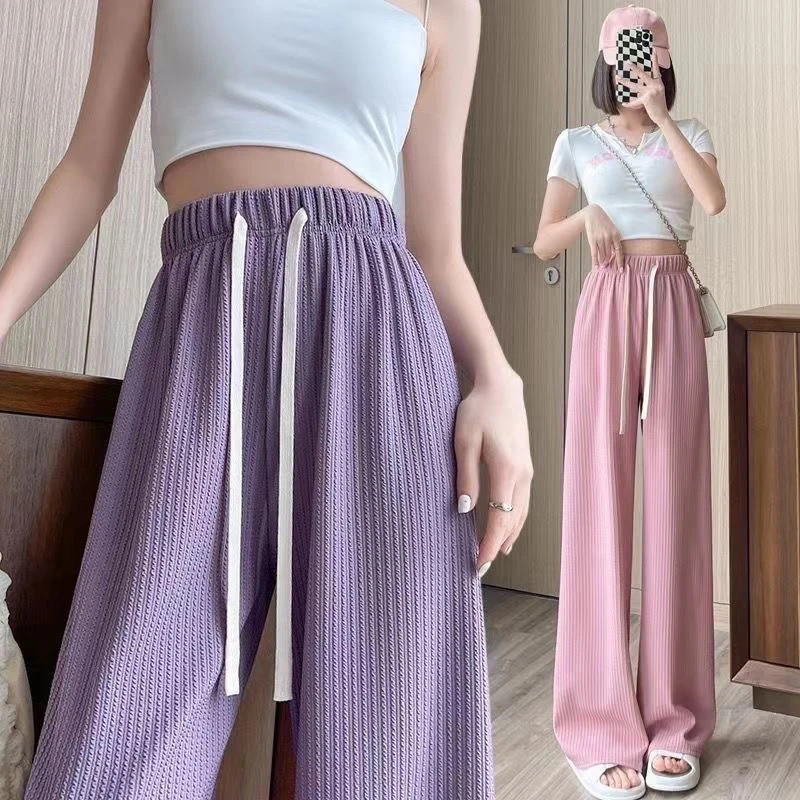 Autumn New Elastic Waist Drawstring Casual Straight Sporty Casual Wide Leg Pants Solid All-Match Basic Trousers Women Clothes