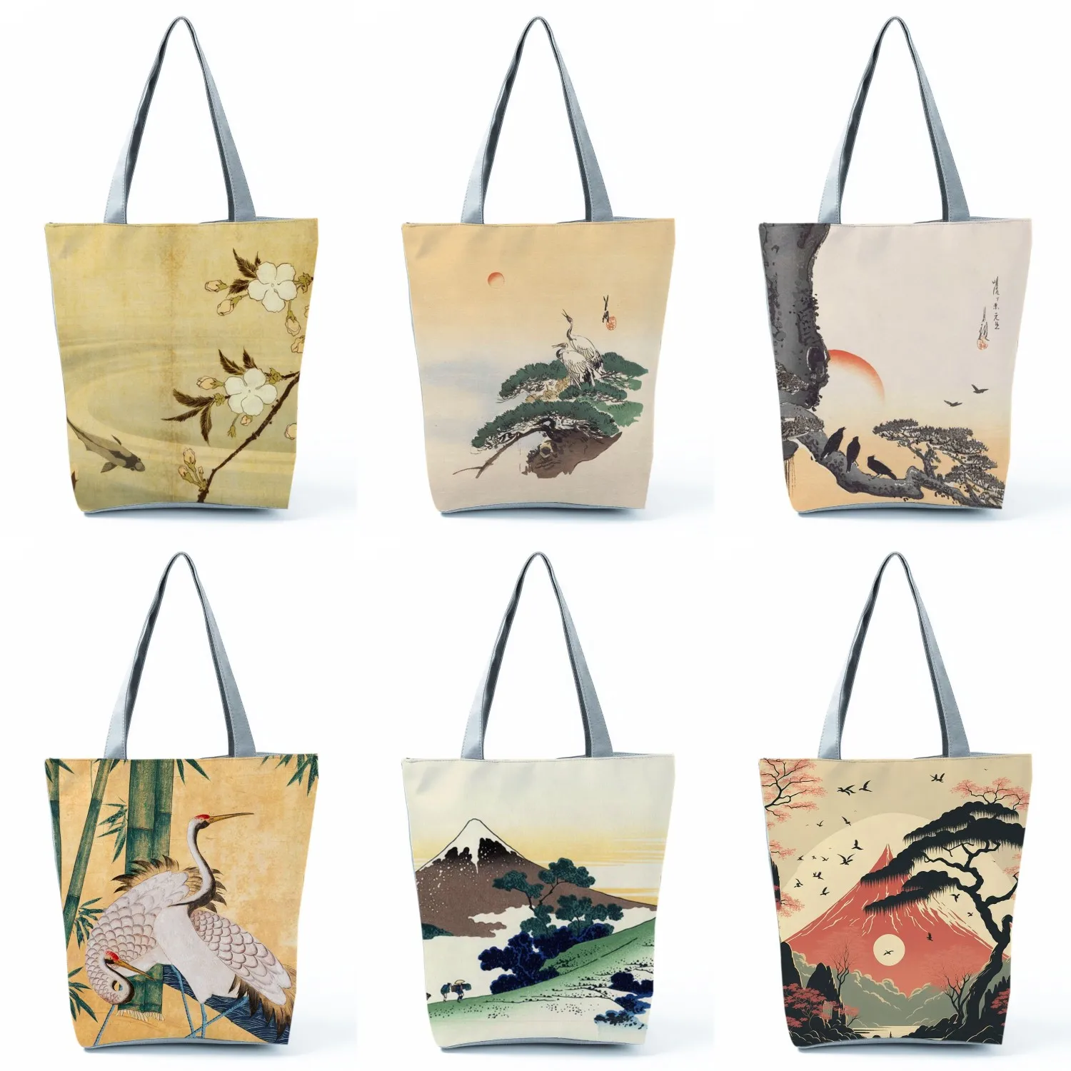 Japanese Style Ukiyoe Handbags Women\'s Tote Bags Shopping Bag Ink Painting Landscape Printed Eco Reusable Casual Custom Pattern