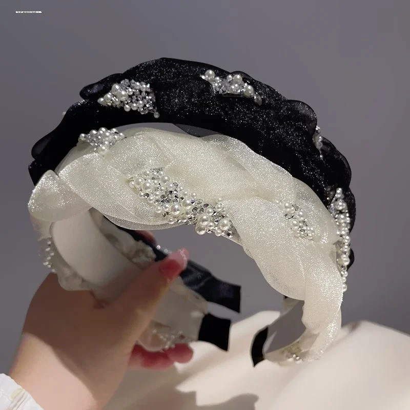 Wide brim organza hair hoop for women's super flash drill strip Fried Dough Twists braid temperament high skull top headdress