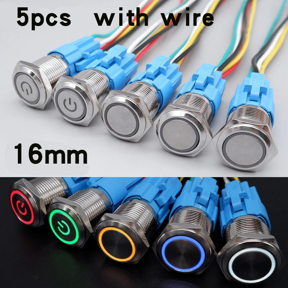 

5pcs 16mm Metal Push Button Switch Ring Lamp Power Symbol LED Light Momentary Latching Waterproof 5v 12v 220v With Connector