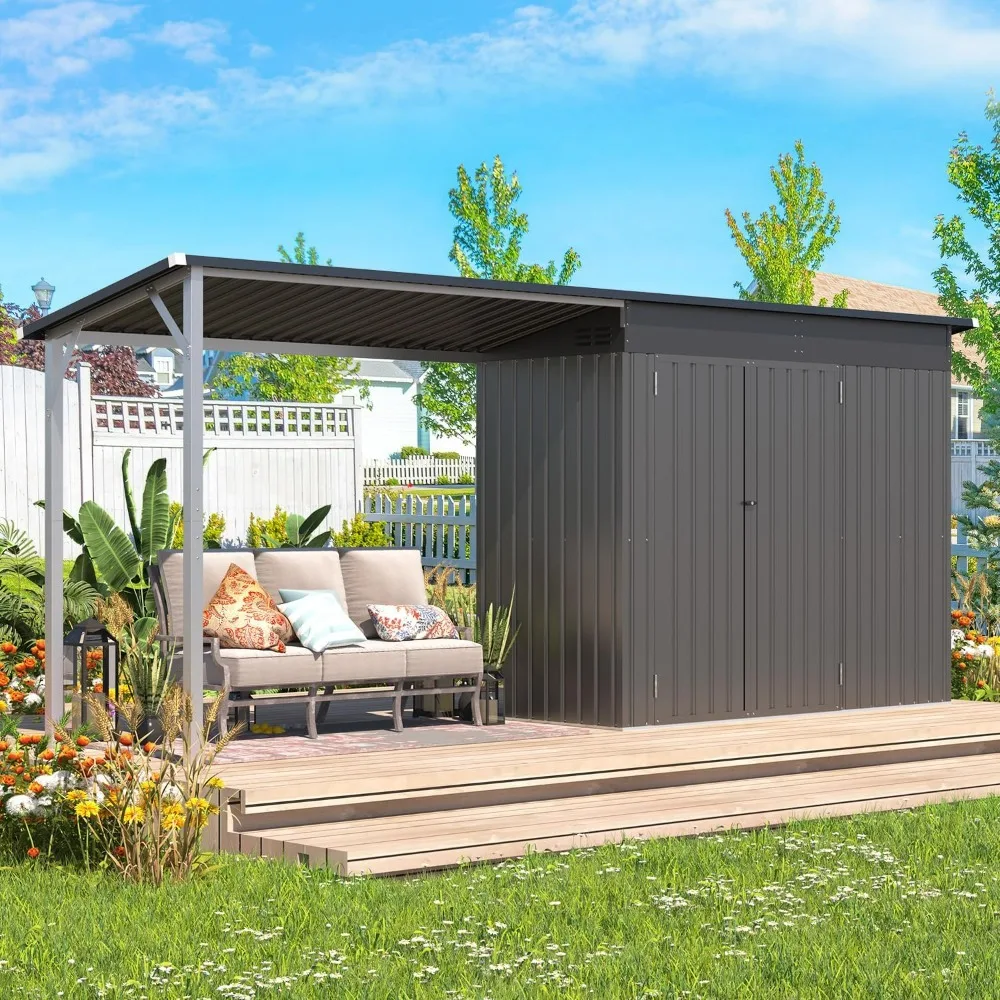 Outdoor Open-Sided Storage Metal Shed, 6'x4' Sheds & Outdoor Storage with 32 Sq. Ft Covered, 4x8 FT Small 2-in-1 Tool Shed