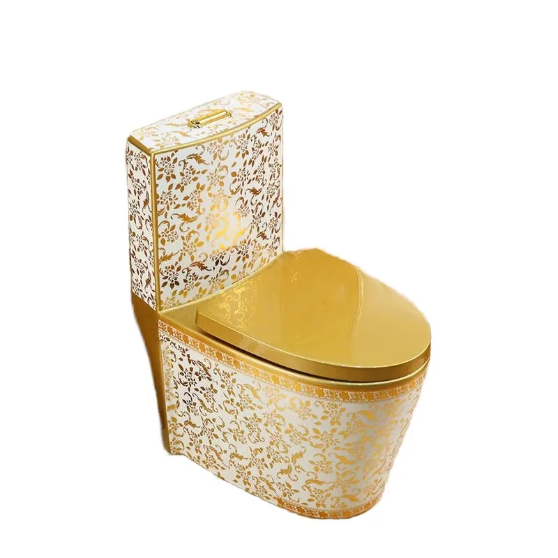 

js-Modern Golden Dual-Flush One-Piece Ceramic Floor Mounted Siphon Flushing S-Trap Toilet with Watermark for Hotel Use！