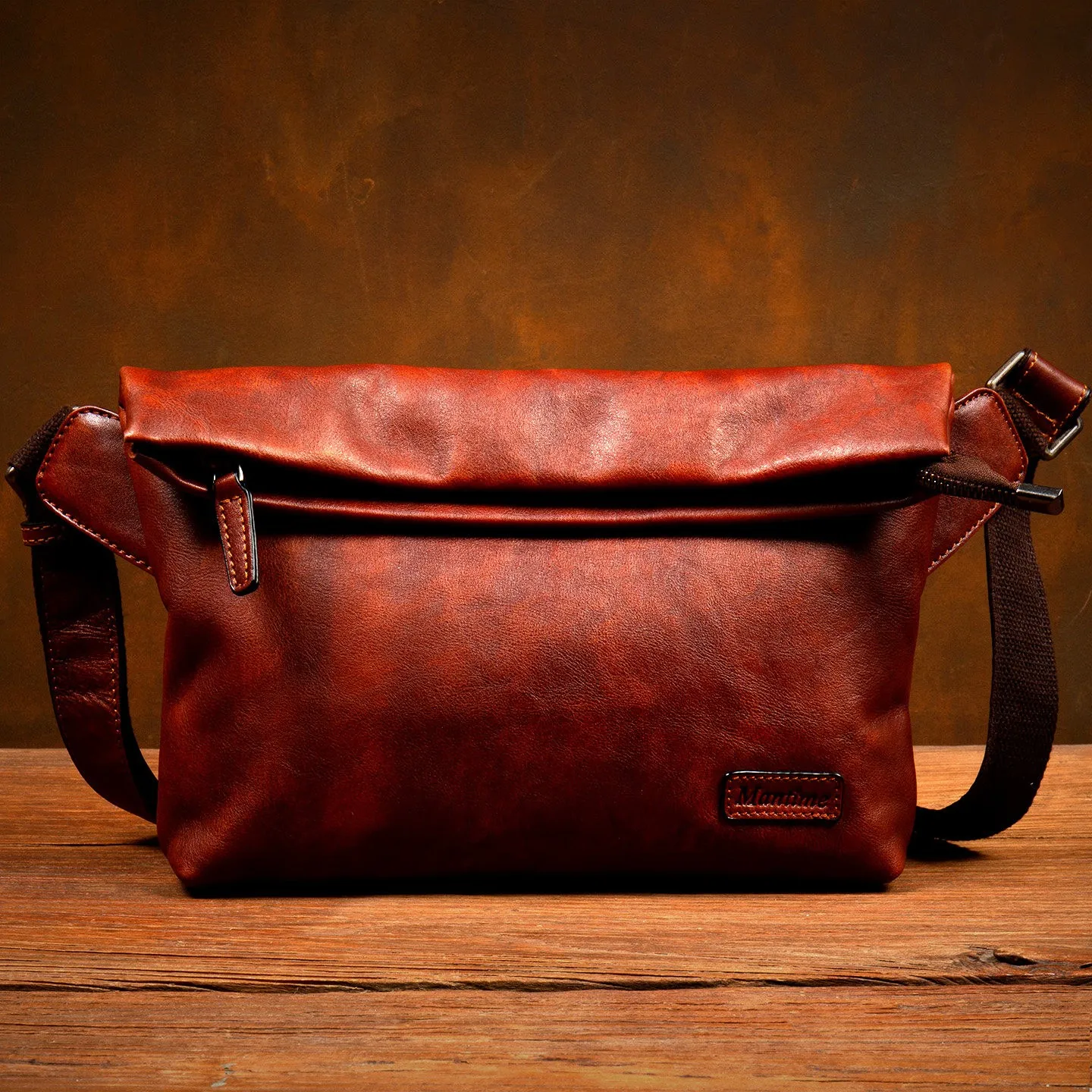 Retro Trend Handmade Genuine Leather Shoulder Bag, Horizontal Men's Bag, Casual Top-Grain Vegetable-Tanned Leather Crossbody Bag