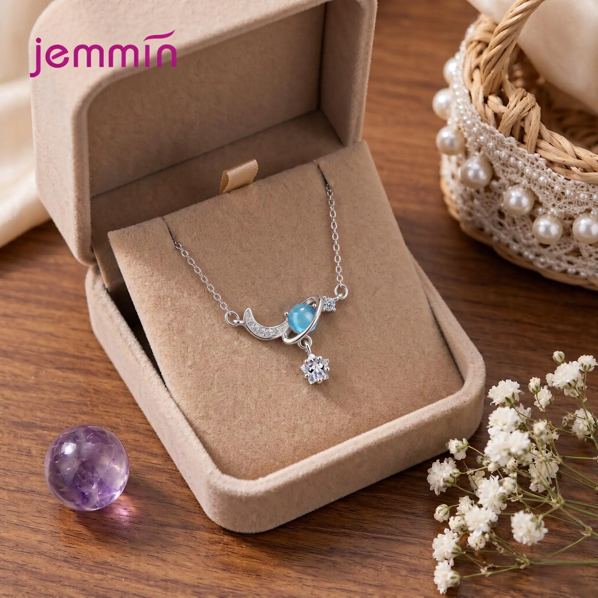 Charm 925 Sterling Silver Moon Planet Blue Crystal Zircon Pendant Necklaces For Women Girls Wedding Party Fashion Jewelry Gifts