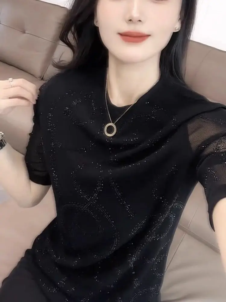 Hollow Mesh Ironing Base Shirt New Short-sleeved T-shirt for Women 2025 Summer Perspective Round Neck Top