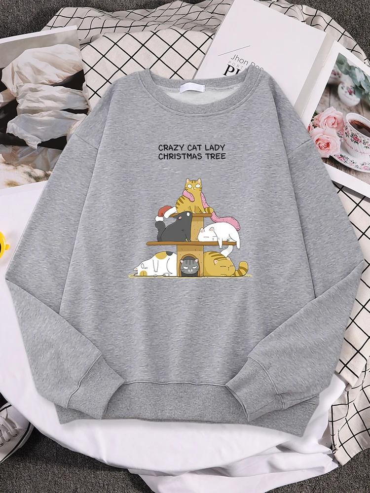 

Crazy Cat Lady Christmas Tree Women Hoodies Fashion Full Sleeve Sweatshirt Personality Streetwear Sports Crewneck Sportswears