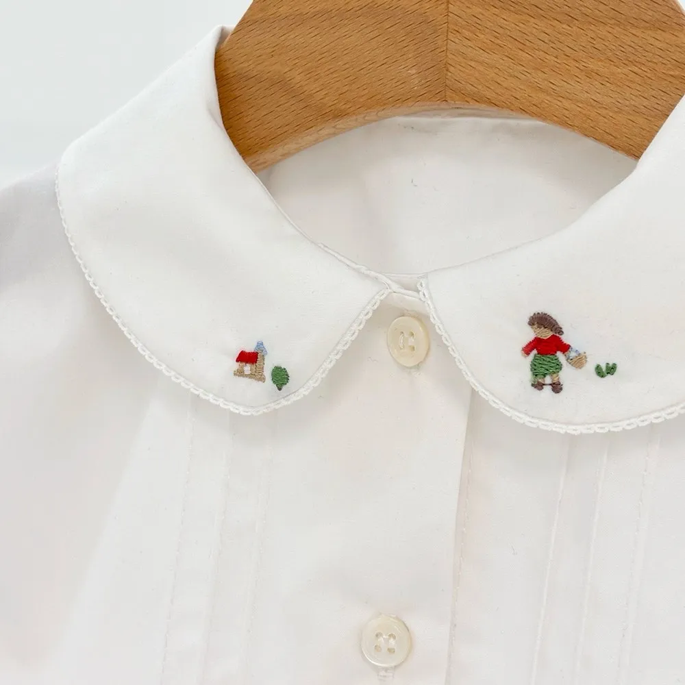 

Осенняя детская одежда для девочек, детские топы, белая рубашка, кукольная рубашка с лацканами для маленьких девочек, с вышивкой грибов